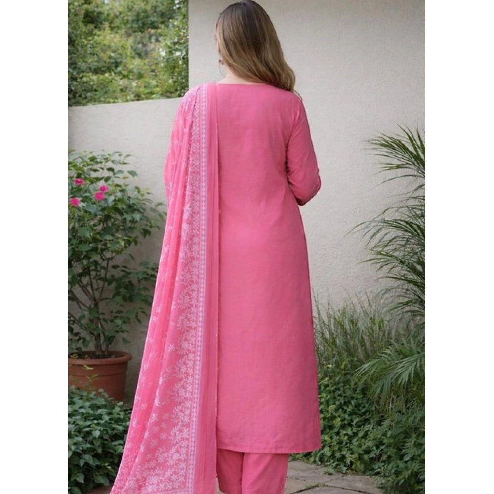 Snuggle Spot pink Chanderi silk kurti set with ethnic motifs, 3/4th sleeves, matching pant and dupatta.