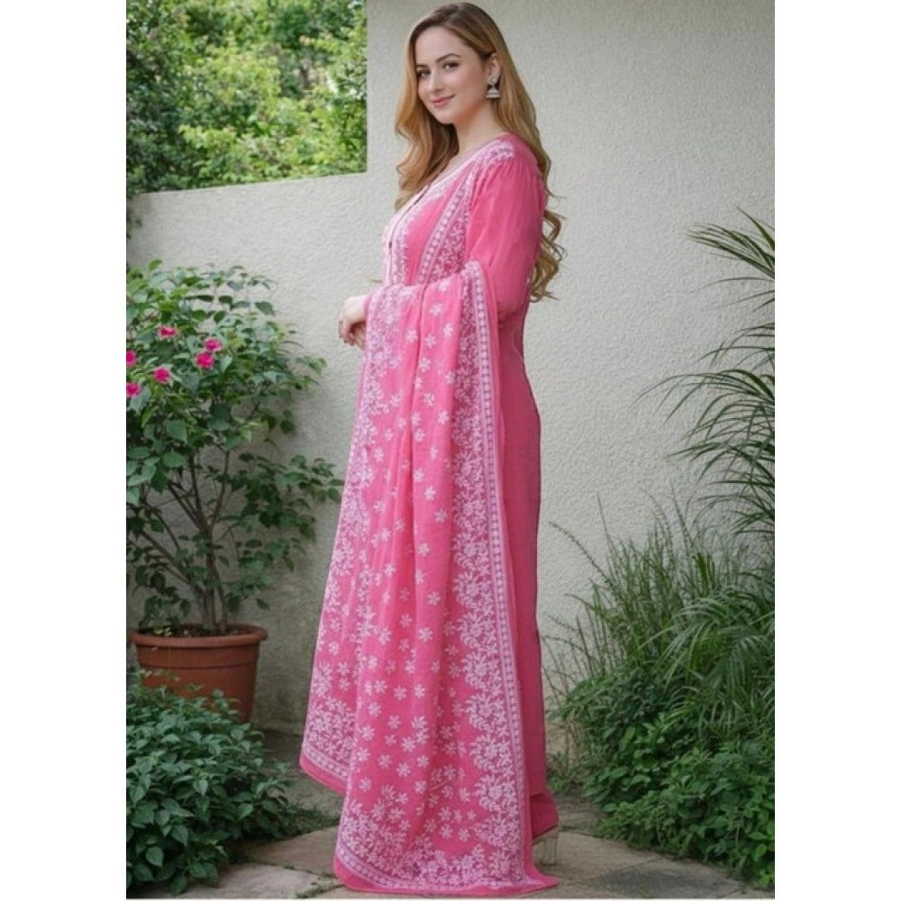 Snuggle Spot pink Chanderi silk kurti set with ethnic motifs, 3/4th sleeves, pant, and dupatta.