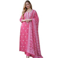 Snuggle Spot pink Chanderi silk kurti set with white ethnic motifs, 3/4th sleeves, pant, and dupatta.