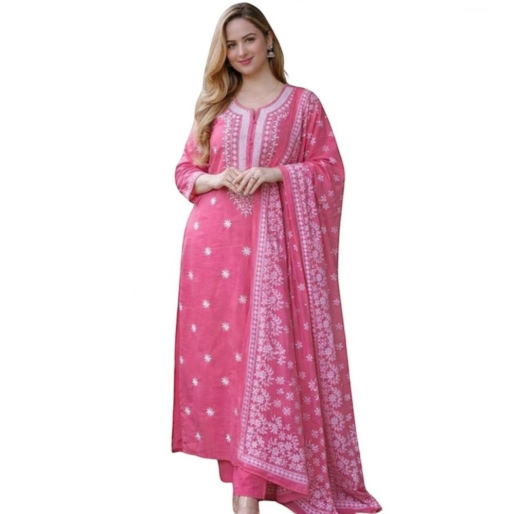 Snuggle Spot pink Chanderi silk kurti set with white ethnic motifs, 3/4th sleeves, pant, and dupatta.