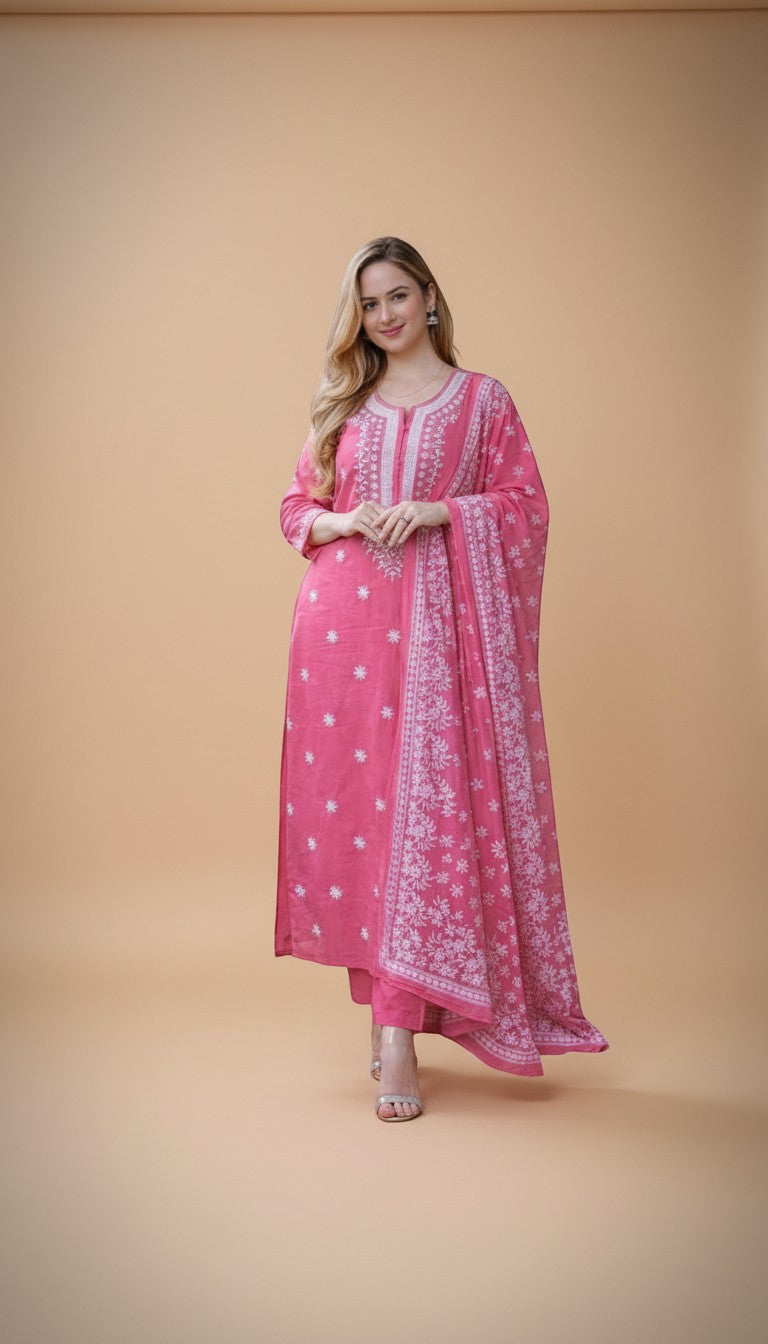 Snuggle Spot Women's Chanderi Silk Ethnic Motif Round 3/4th Sleeve Kurti With Pant Dupatta Set (Pink)