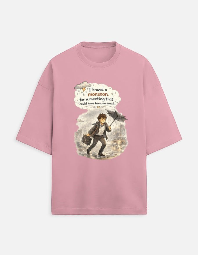 Snuggle Spot pink oversized unisex t-shirt in heavy terry-knit cotton with a graphic print about a rainy meeting.