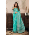 Snuggle Spot women's sea green faux linen saree with white leaf print and unstitched blouse. 5.5Mtr.