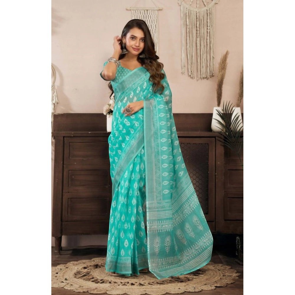 Snuggle Spot women's sea green faux linen saree with white leaf print and unstitched blouse. 5.5Mtr.