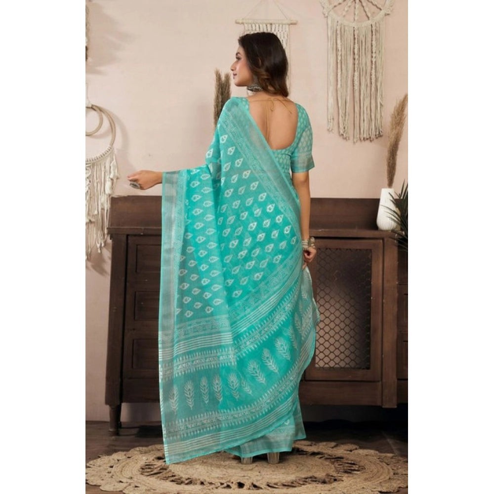 Snuggle Spot Sea Green faux linen saree with white leaf print and unstitched blouse. 5.5Mtr.