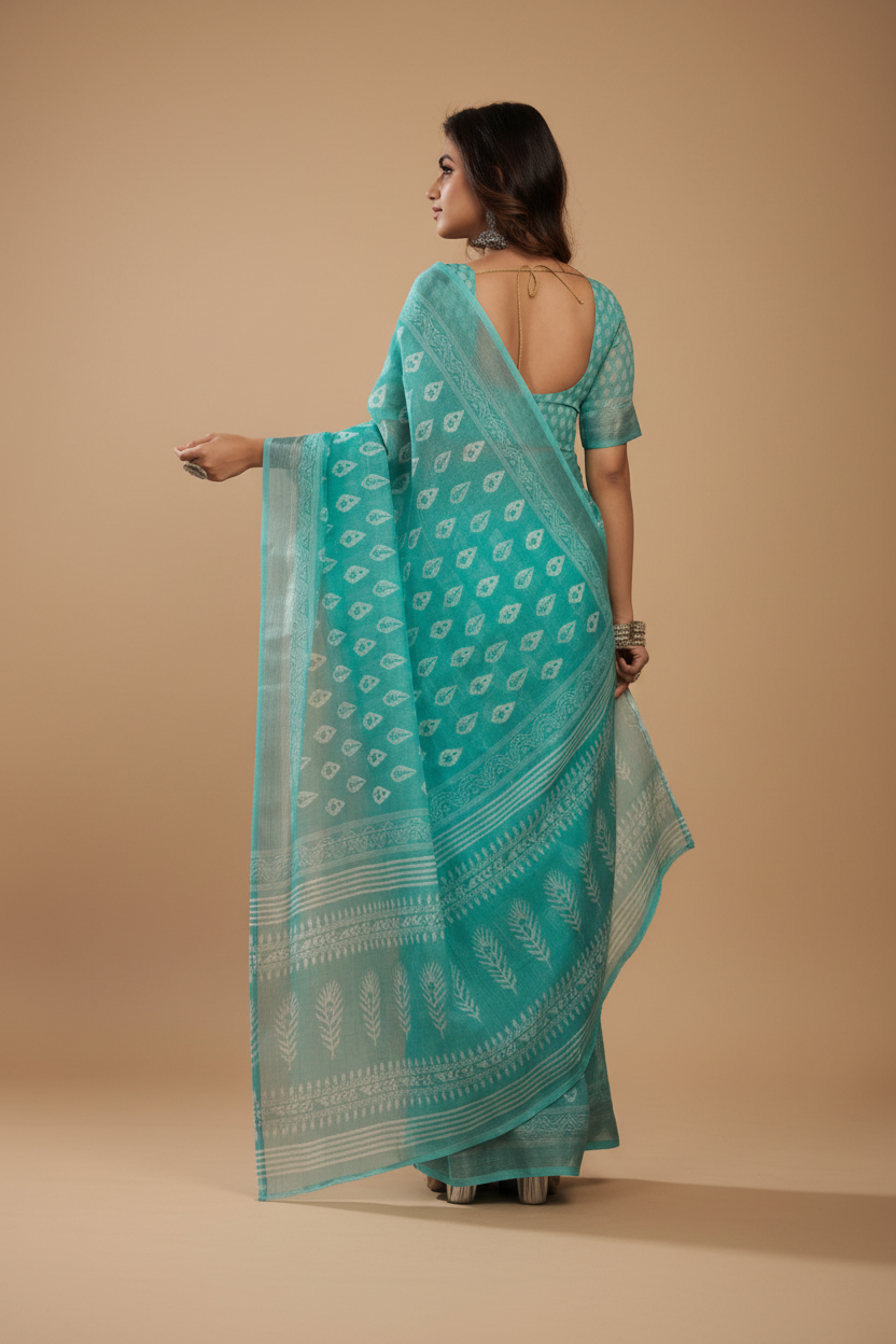 Snuggle Spot Women's Faux Linen Leaf Print Ready to wear Saree With Unstitched Blouse 5.5Mtr (SeaGreen)