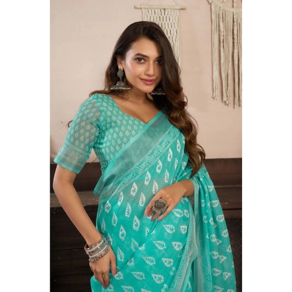 Snuggle Spot Sea Green faux linen saree with white leaf print and unstitched blouse. 5.5Mtr.