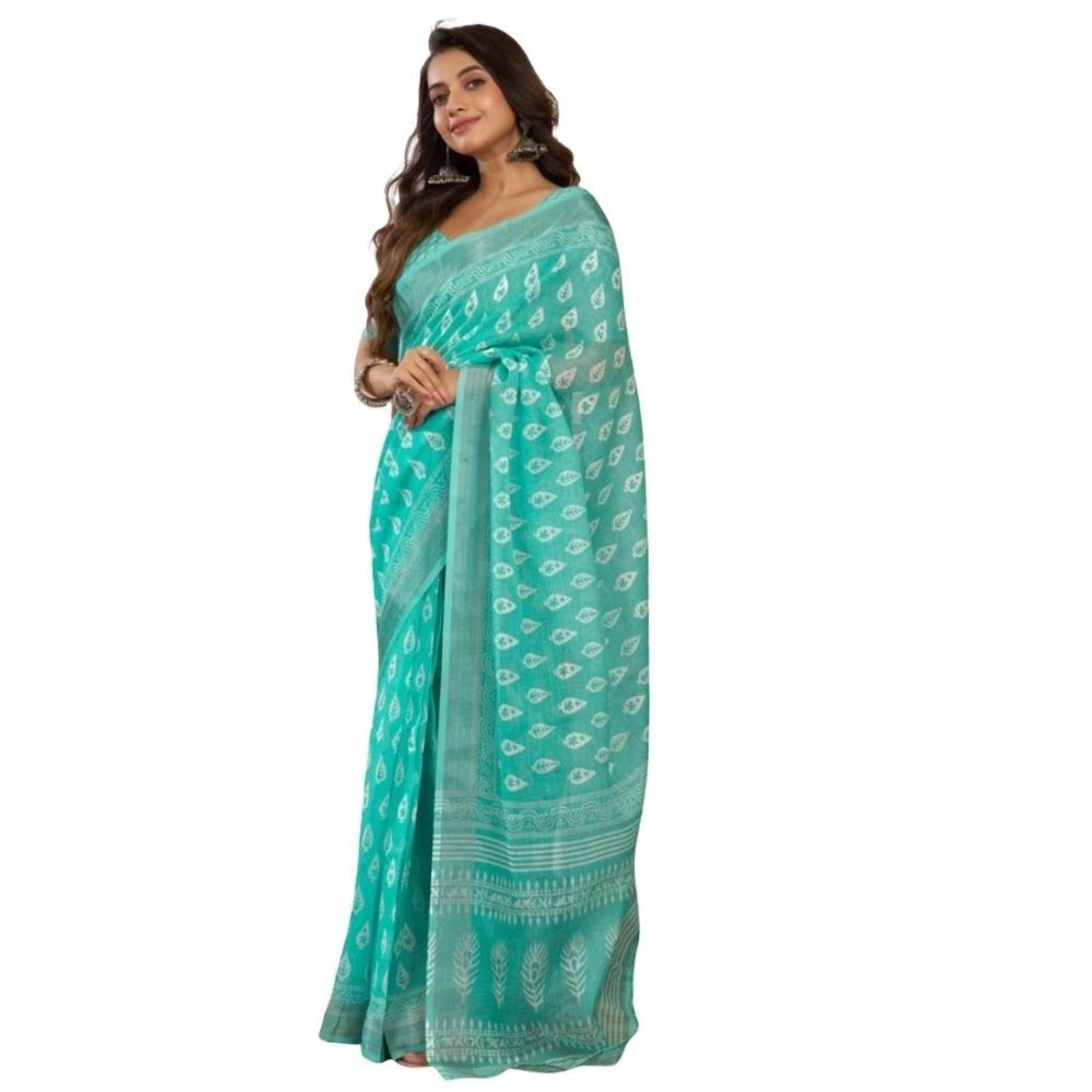 Snuggle Spot Sea Green faux linen saree with white leaf print and unstitched blouse piece. 5.5Mtr.