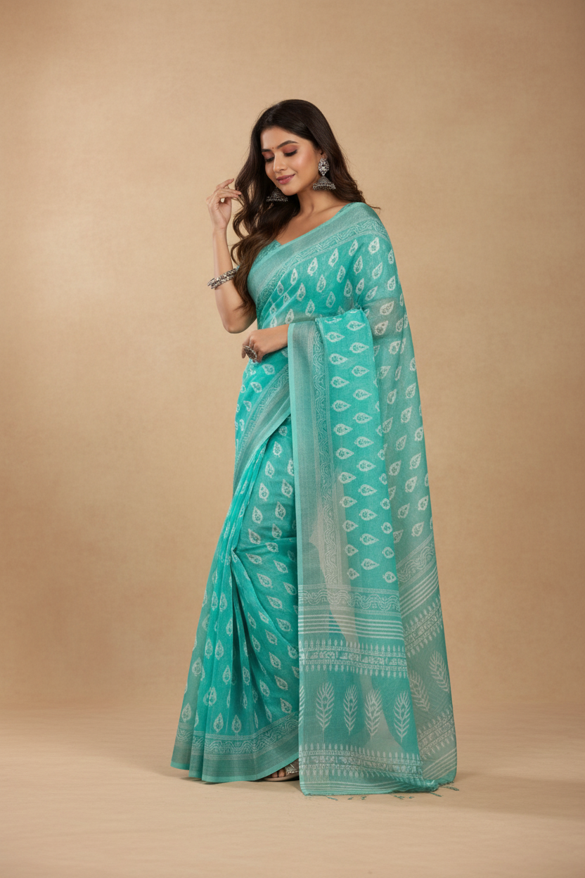 Snuggle Spot Women's Faux Linen Leaf Print Ready to wear Saree With Unstitched Blouse 5.5Mtr (SeaGreen)