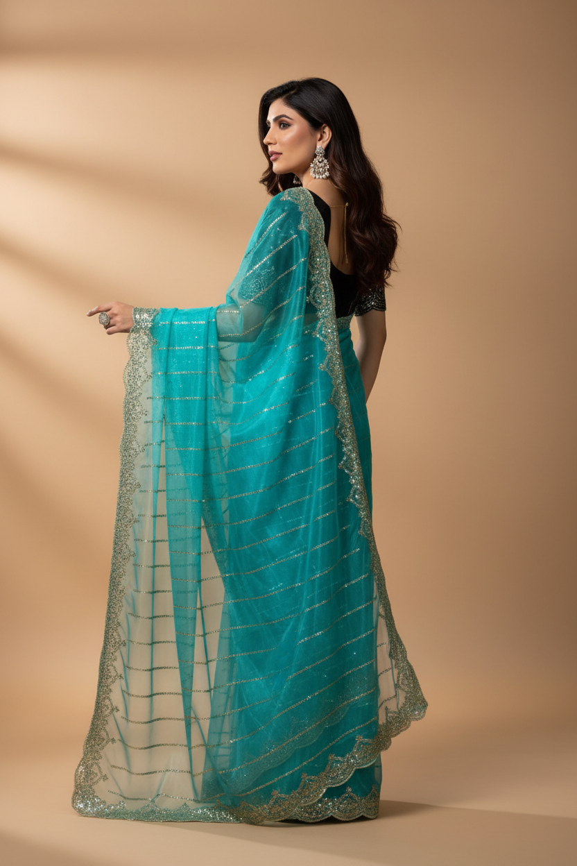 Snuggle Spot Women's Net Sequence Saree With Unstitched Blouse 5.5Mtr (Turquoise)