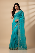 Snuggle Spot Women's Net Sequence Saree With Unstitched Blouse 5.5Mtr (Turquoise)