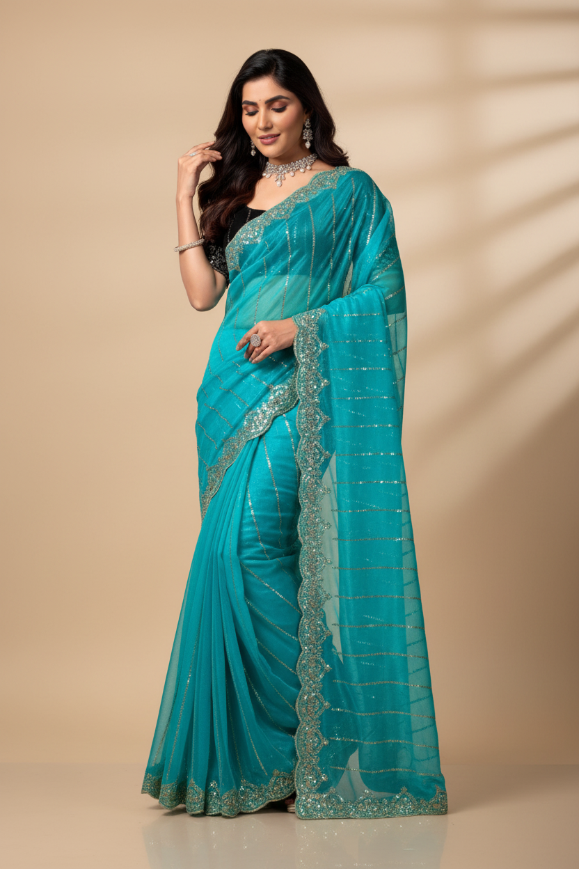 Snuggle Spot Women's Net Sequence Saree With Unstitched Blouse 5.5Mtr (Turquoise)