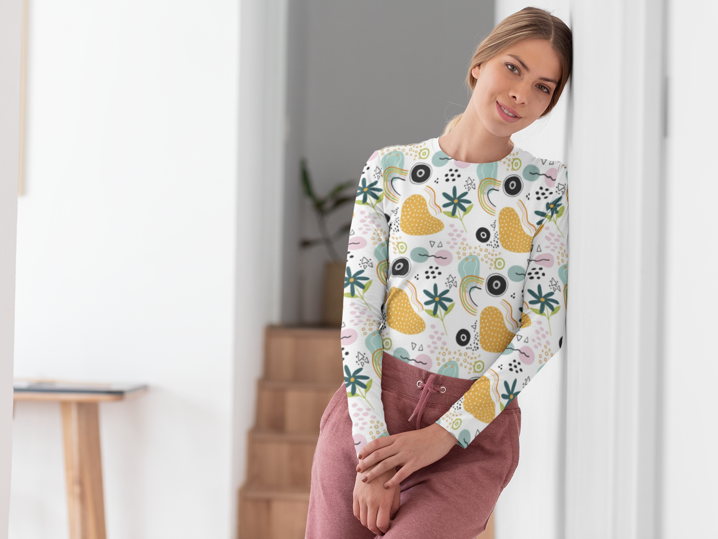 White Abstract All Over Print (AOP) Long Sleeve T-Shirts for Women
